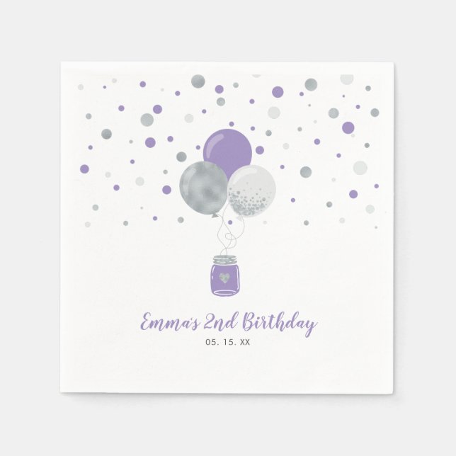 Silver & Purple Balloons, Confetti Girl Birthday Napkin (Front)