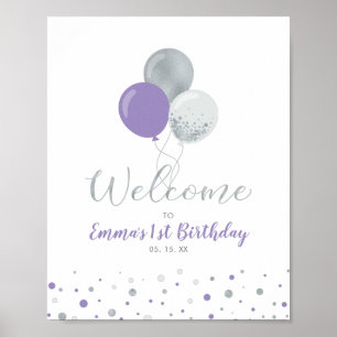 Silver & Purple Balloons Girl 1st Birthday Welcome Poster
