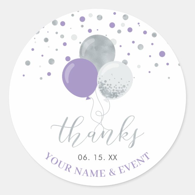 Silver & Purple Balloons Party Favour Thank you Classic Round Sticker (Front)