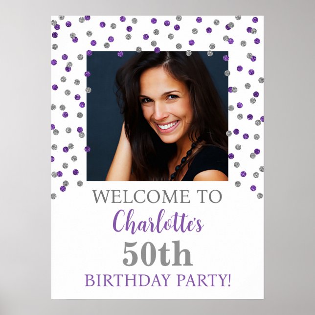Silver Purple Birthday Party Custom 18x24 Photo Poster (Front)