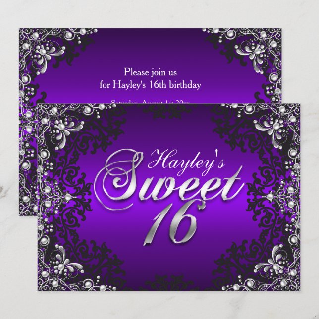 Silver Purple Black Pearl Damask Sweet 16 Invite (Front/Back)