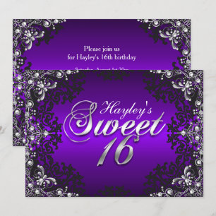 Silver Purple Black Pearl Damask Sweet 16 Invite