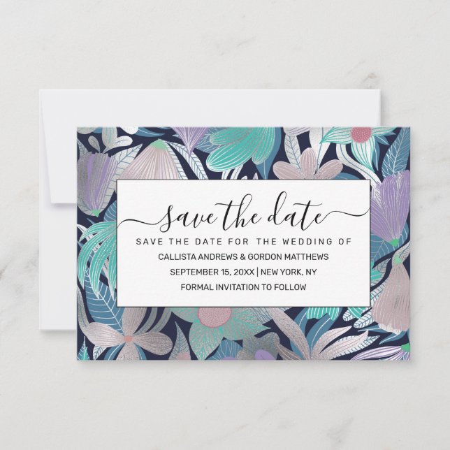 Silver Purple Blue Floral Leaves Illustrations Save The Date (Front)