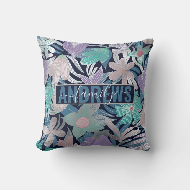 Silver Purple Blue Floral Leaves Monogram Cushion (Front)