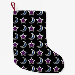 Silver Purple Blue Stars and Moons Pattern Black Small Christmas Stocking