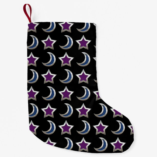 Silver Purple Blue Stars and Moons Pattern Black Small Christmas Stocking (Front)