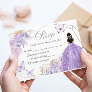 Silver Purple Boho Butterfly Quinceañera RSVP Card