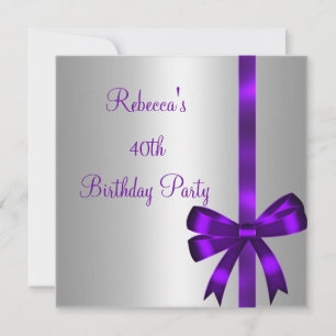 Silver Purple Bow 40th Elegant Birthday Party Invitation