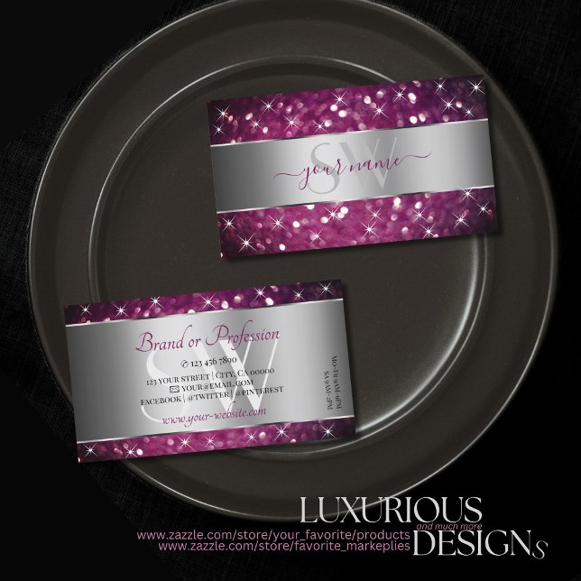 Silver Purple Burgundy Glitter Stars and Initials Business Card (Creator Uploaded)