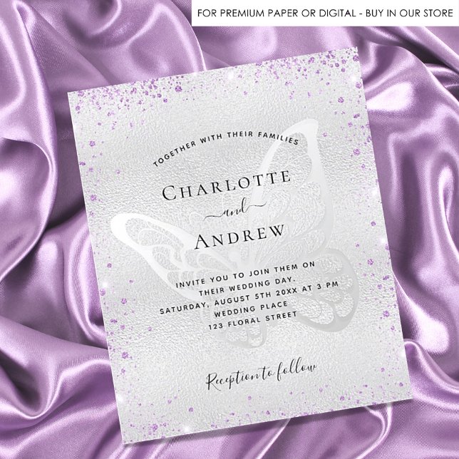 Silver purple butterfly budget wedding invitation flyer (Creator Uploaded)
