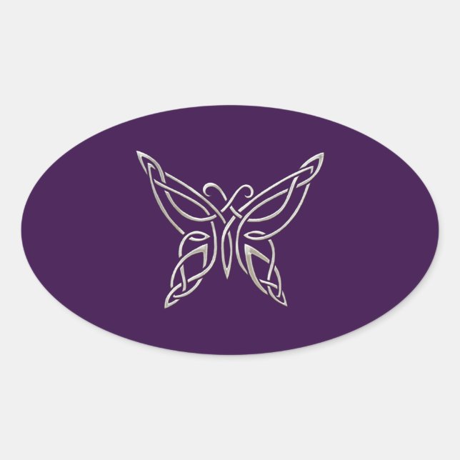 Silver Purple Celtic Butterfly Curling Knots Oval Sticker (Front)