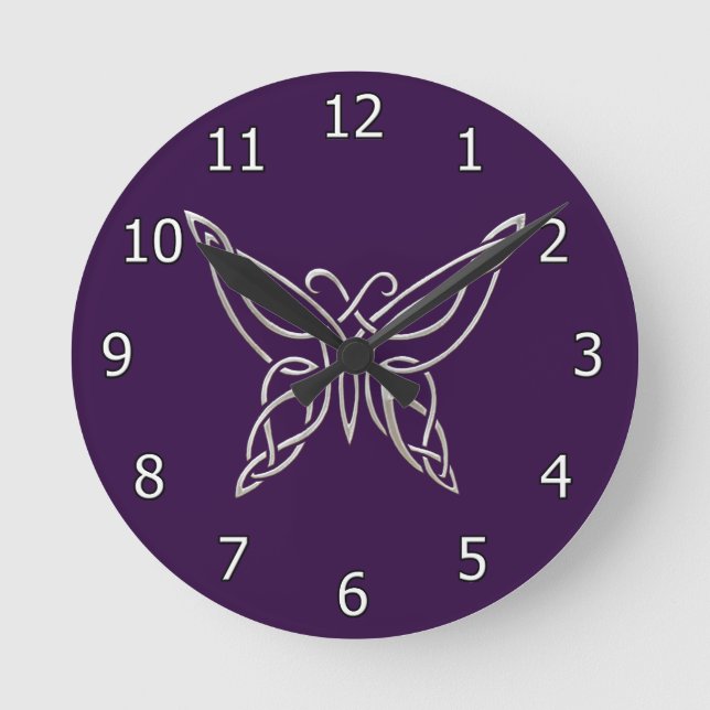 Silver Purple Celtic Butterfly Curling Knots Round Clock (Front)