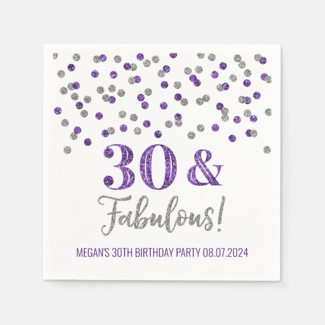 Silver Purple Confetti 30 & Fabulous  Napkin (Front)