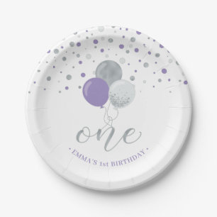 Silver Purple Confetti Balloons 1st Birthday Party Paper Plate
