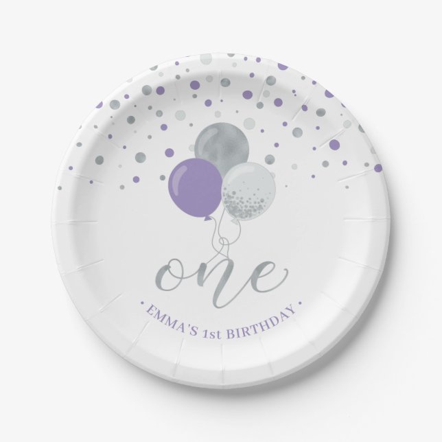 Silver Purple Confetti Balloons 1st Birthday Party Paper Plate (Front)