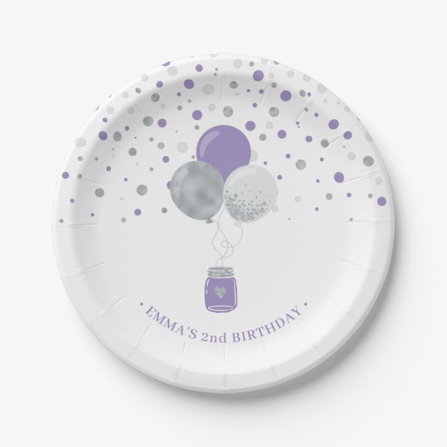 Silver & Purple Confetti Balloons Girl Birthday Paper Plate (Front)