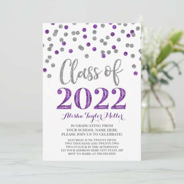 Silver Purple Confetti Graduation Party 2022 Invitation (Standing Front)