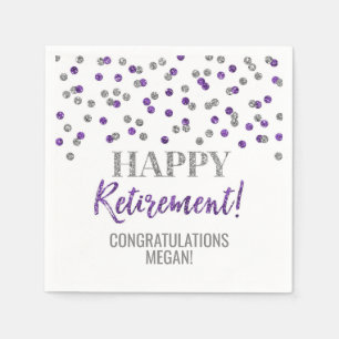 Silver Purple Confetti Happy Retirement Napkin