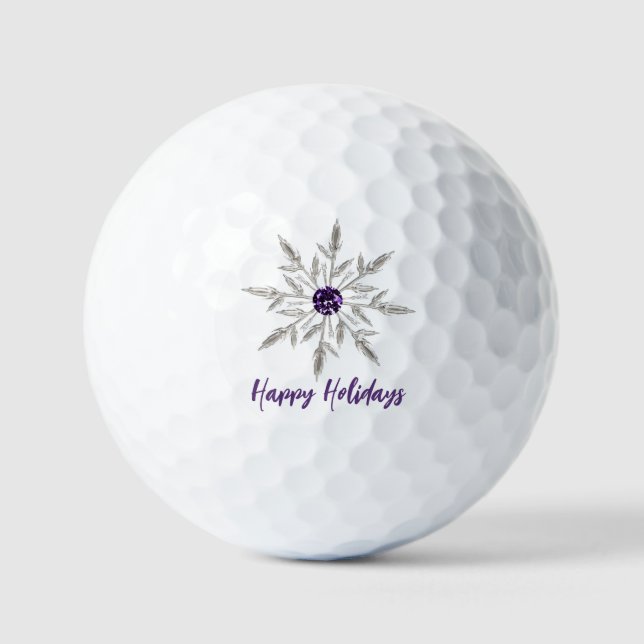 Silver Purple Crystal Snowflake Happy Holidays Golf Balls (Front)