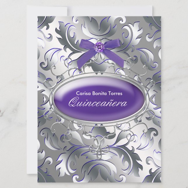 Silver Purple Damask Elegant Purple Quinceanera Invitation (Front)