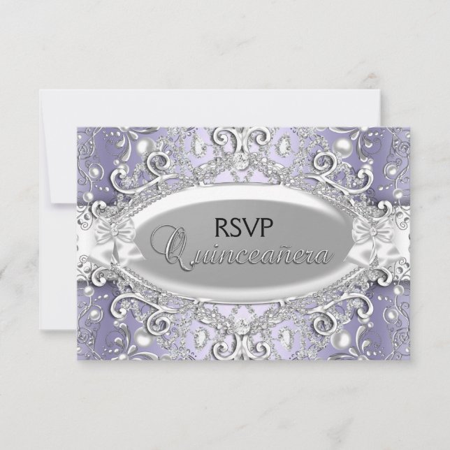 Silver & Purple Damask Pearl Quinceanera RSVP (Front)