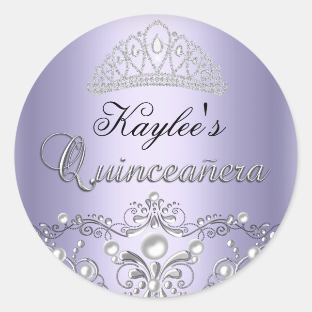 Silver & Purple Damask Pearl Quinceanera Sticker (Front)