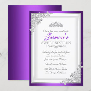 Silver Purple Damask & Tiara Sweet 16 Invitation