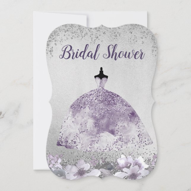 Silver Purple Dress Floral Bridal Shower Invite (Front)