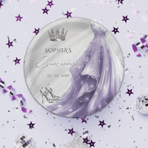 Silver Purple Dress Princess Quinceañera Paper Plate