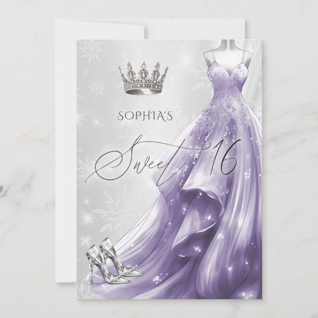  Silver Purple Dress Snowflakes Winter Sweet 16 Invitation (Front)