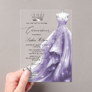 Silver Purple Dress Winter Snowflakes Quinceañera  Acrylic Invitations