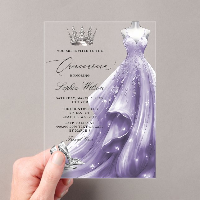 Silver Purple Dress Winter Snowflakes Quinceañera  Acrylic Invitations (Insitu (Handheld))