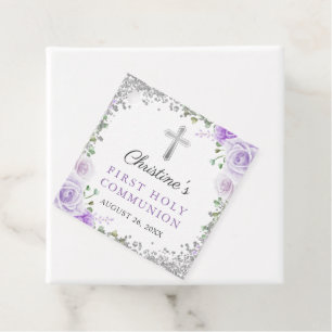 Silver Purple Floral 1st Holy Communion Thank You Favour Tags