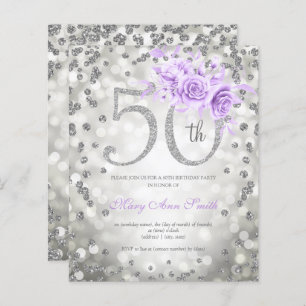 Silver Purple Floral 50th Birthday Lights Invite