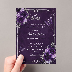 Silver Purple Floral Butterfly Quinceañera  Acrylic Invitations