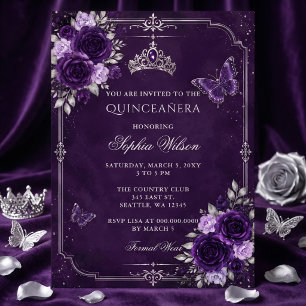 Silver Purple Floral Butterfly Quinceañera  Invitation