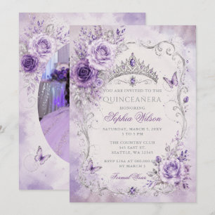 Silver Purple Floral Butterfly Quinceañera Photo Invitation
