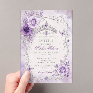 Silver Purple Floral Butterfly Sweet 16 Acrylic Invitations