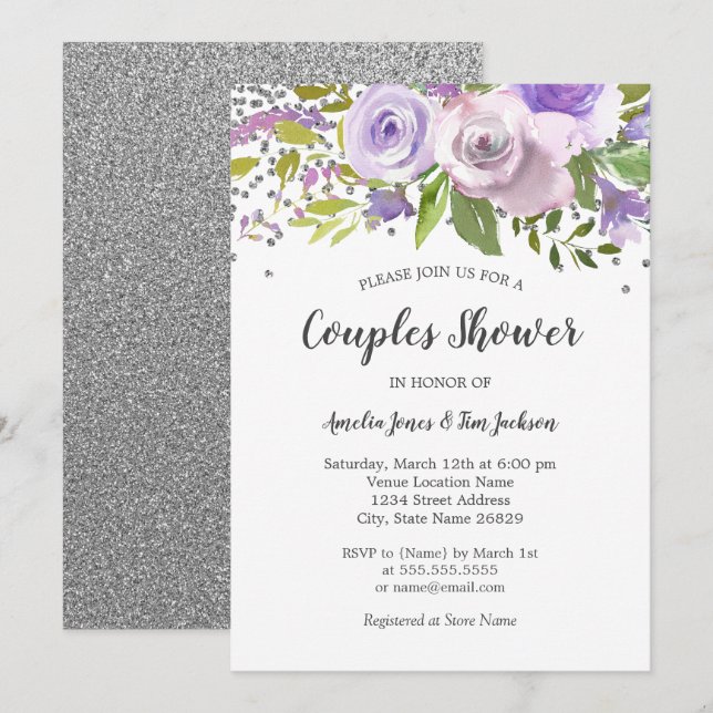 Silver Purple Floral Couples Shower Invitation (Front/Back)