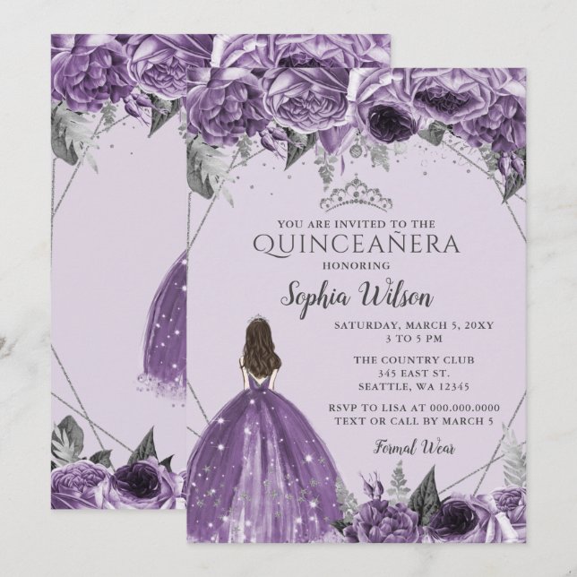 Silver Purple Floral Princess Quinceañera Invitation (Front/Back)