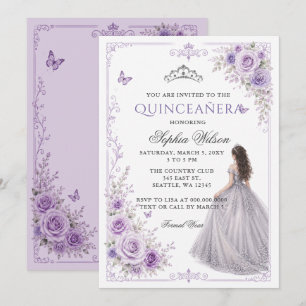 Silver Purple Floral Princess Quinceañera Invitation