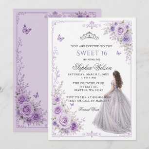 Silver Purple Floral Princess Sweet 16 Invitation