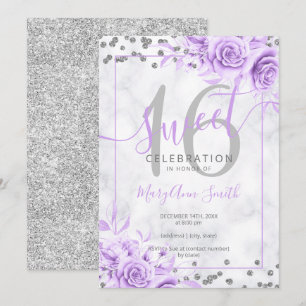 Silver Purple Floral Sweet 16 Marble Glitter Invitation