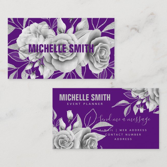 Silver Purple Floral Watercolor MODERN  Business Card (Front/Back)