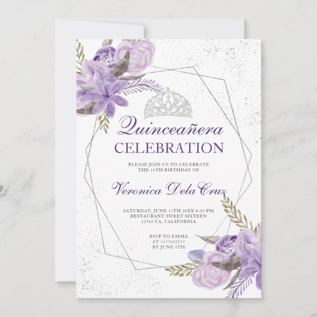 Silver purple floral watercolor Quinceanera Invitation (Front)
