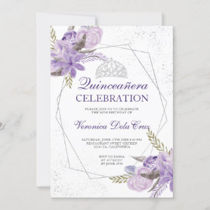 Silver purple floral watercolor Quinceanera Invitation
