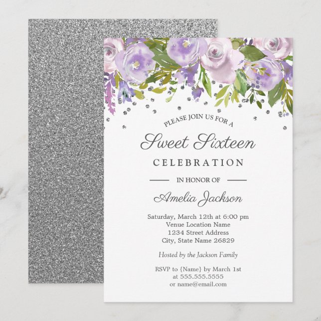 Silver Purple Floral Watercolor Sweet Sixteen Invitation (Front/Back)