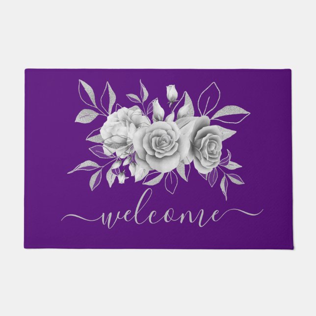 Silver Purple Floral Watercolor "Welcome" Doormat (Front)
