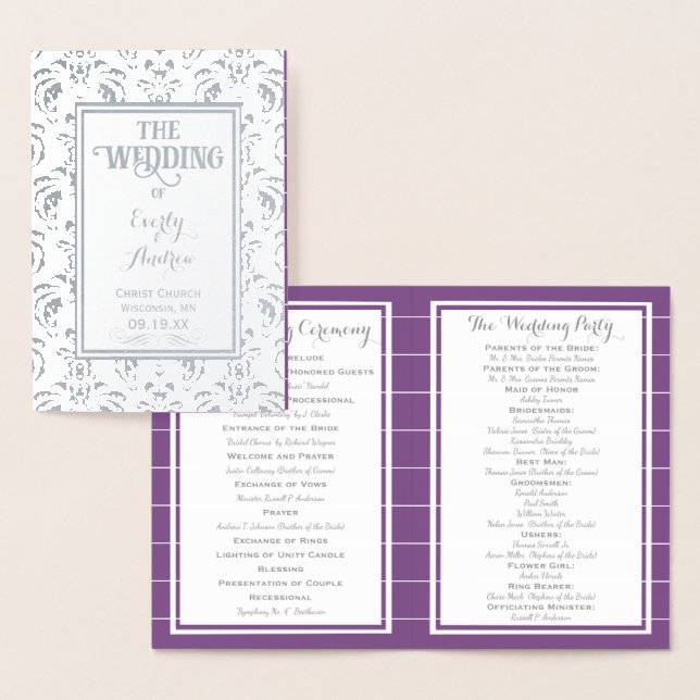 Silver Purple Foil Vintage Damask WEDDING PROGRAM (Display)