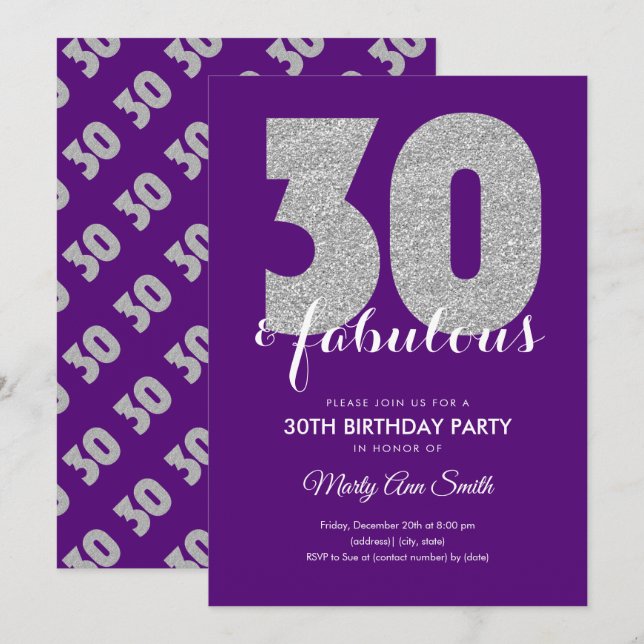 Silver Purple Glitter 30 & Fabulous Birthday Invitation (Front/Back)